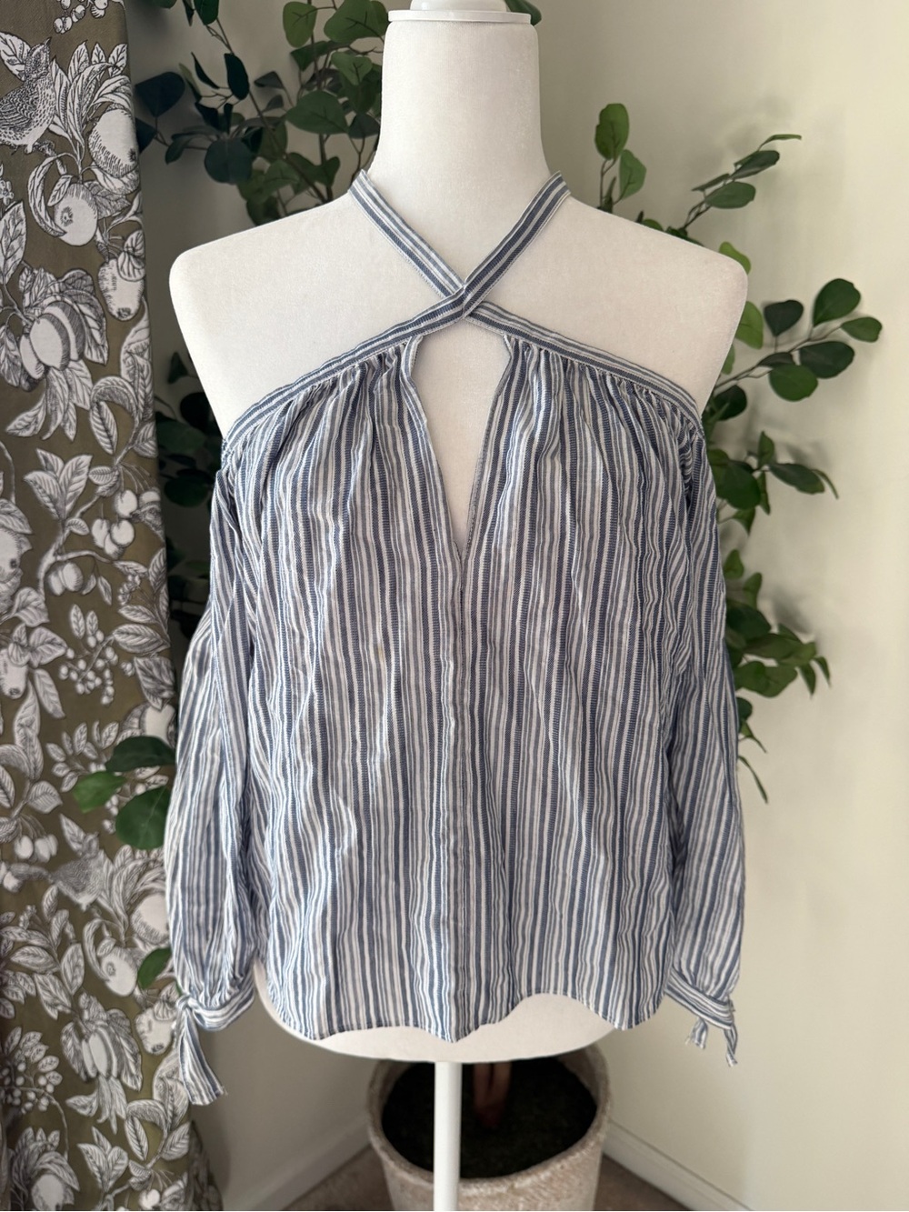 Rebecca Taylor Blue and White Striped Halter Cold-Shoulder Top